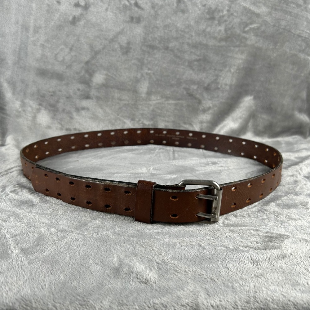 Mens Brown Genuine Leather Double Prong Belt 2XL 46-48 Perforated Workwear
